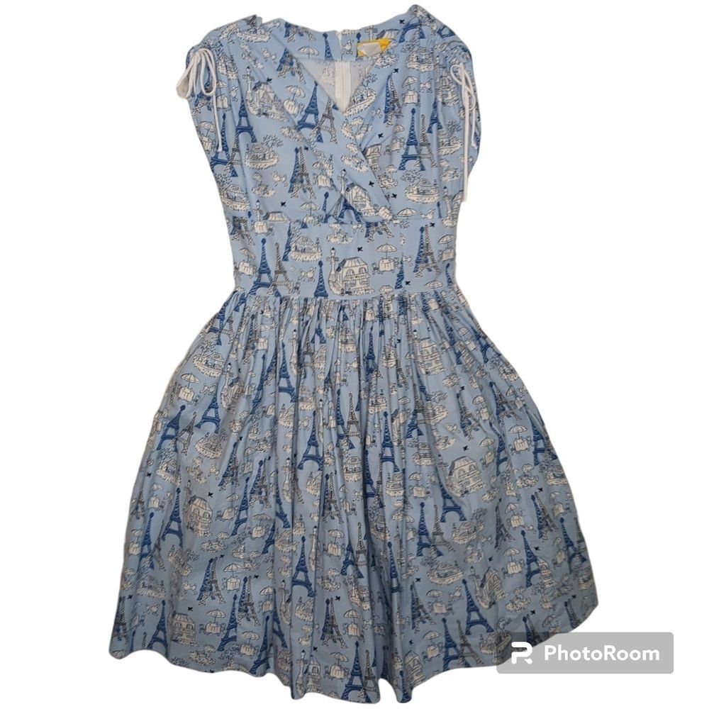 BERNIE DEXTER - Rare Vintage Retro Blue Paris Print Dress, Pin-up Style, M - Picture 2 of 6